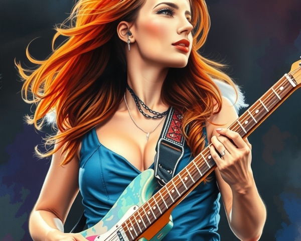 Confident Woman Playing Vibrant Electric Guitar