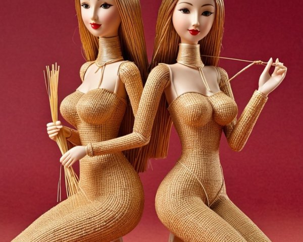 Stylized dolls with twine outfits against red backdrop