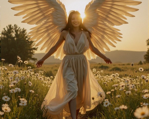 Woman in a field of daisies with angelic wings