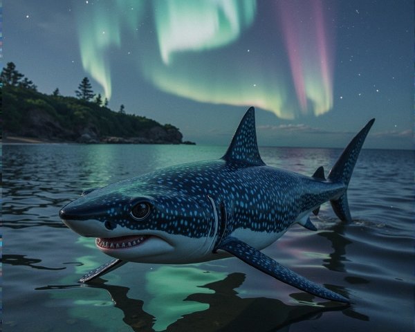 Whimsical Shark in Aurora Borealis Night Scene