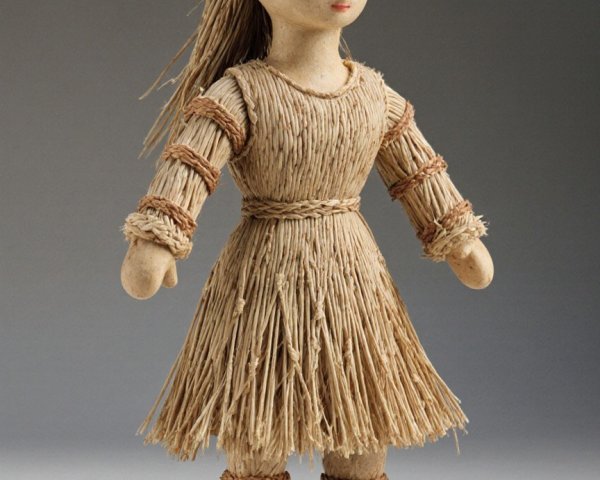 Handmade Clay Doll with Natural Fiber Outfit