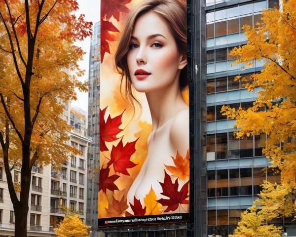 Billboard Displaying Woman Amidst Autumn Leaves