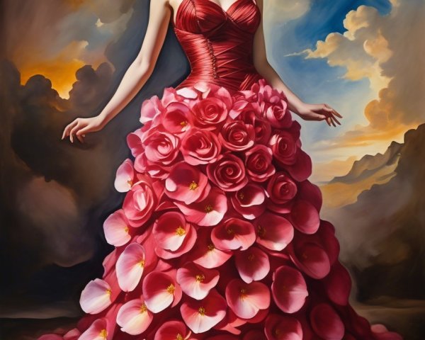 Elegant woman in vibrant floral gown with dramatic backdrop
