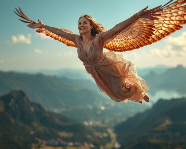 Woman with large wings soaring over mountains and valleys