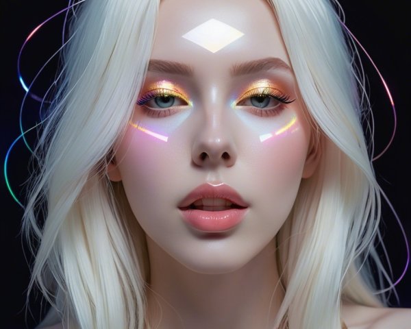 Portrait of a model with platinum blonde hair and bold makeup