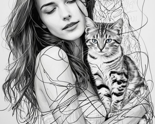 Black and white illustration of a woman with cats