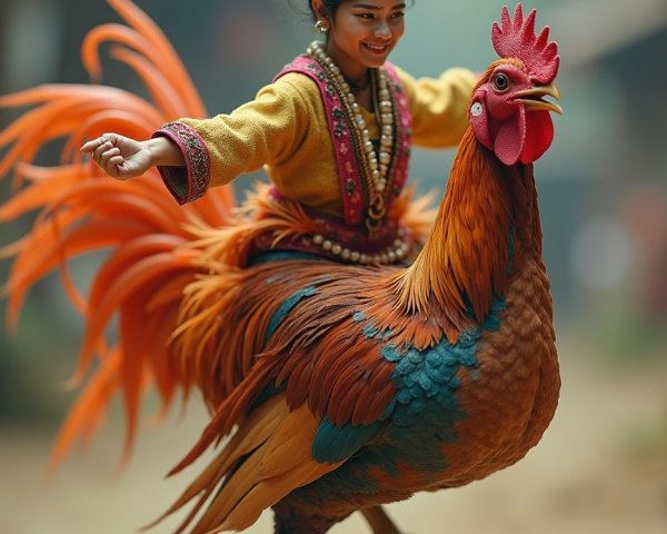 Young Girl in Traditional Outfit Riding Colorful Rooster