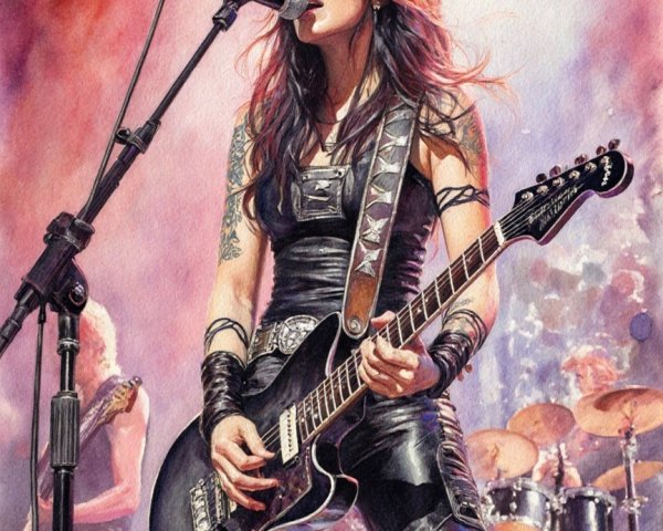 Vibrant Watercolor of Female Rock Guitarist in Concert