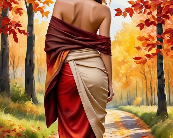 Elegant Woman in Flowing Saree Amidst Autumn Landscape