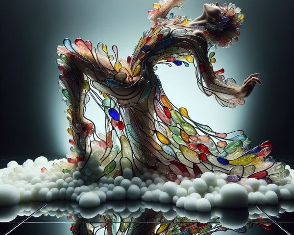 Elaborate gown of colorful organic shapes displayed