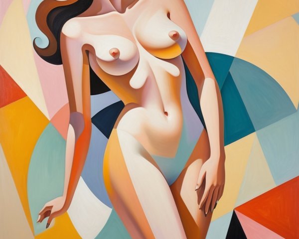 Nude Female Figure Amidst Vibrant Geometric Shapes