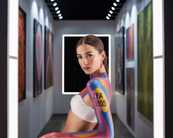 Model Showcasing Vibrant Body Art in Exhibit Space