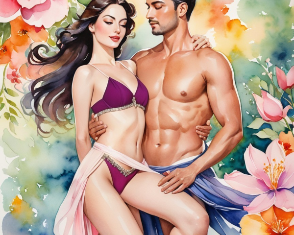 Vibrant Watercolor of Couple Embraced Among Flowers