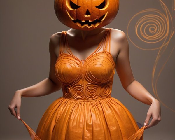 Whimsical Character in Pumpkin Dress with Jack-o'-Lantern Head