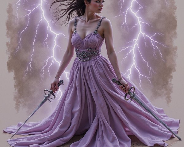 Fierce warrior in lavender gown with lightning backdrop