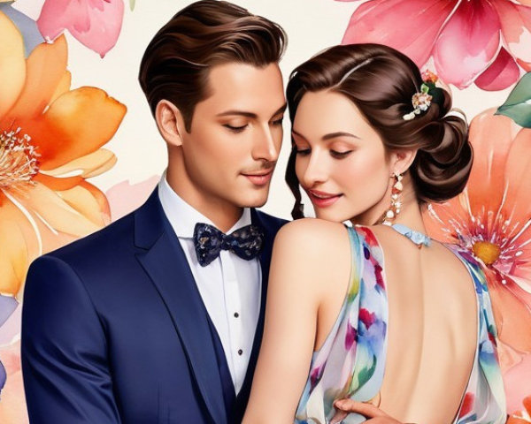 Romantic Couple Embraced in Floral Setting