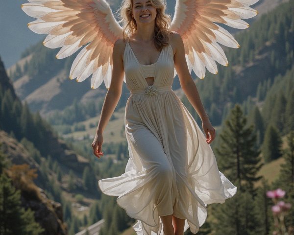 Woman in White Dress with Ethereal Wings in Meadow