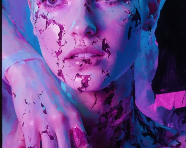 Close-up of a woman's face with vibrant cracked paint