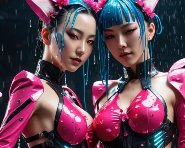 Futuristic Cyberpunk Women with Blue Hair and Ears