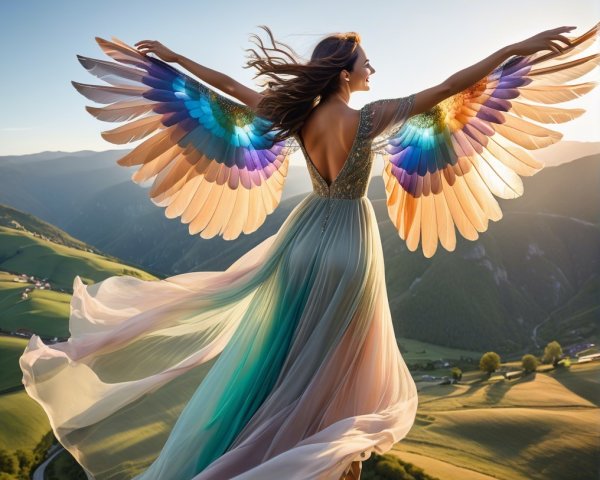 Graceful Woman with Colorful Wings at Mountain Overlook