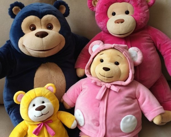 Colorful Plush Bears on a Beige Couch Displaying Joy