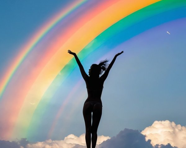 Silhouetted Figure Against Vibrant Rainbow Sky