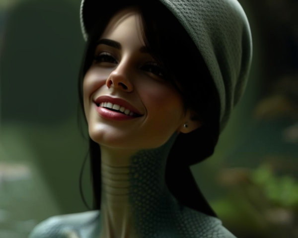 Woman with Scaled Skin and Gray Hat in Lush Setting