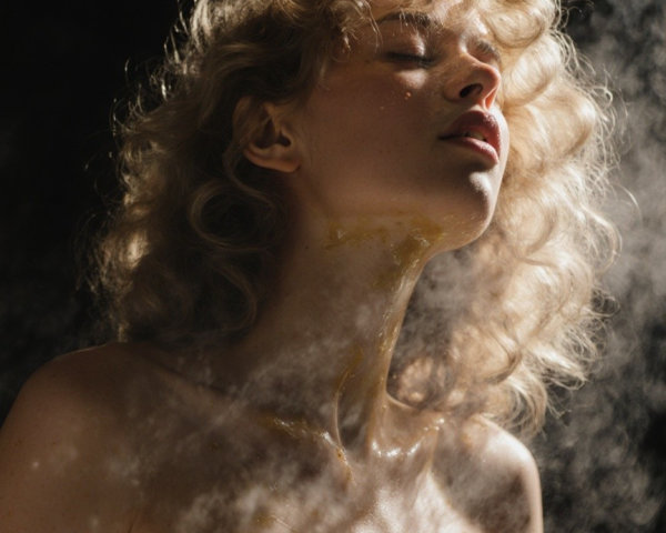 Woman with Blonde Curls in Ethereal Setting