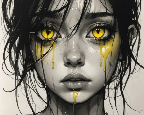 Portrait of a Young Woman with Yellow Eyes and Grayscale Background