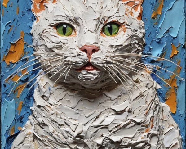 Close-up of a white cat with green eyes and textured paint
