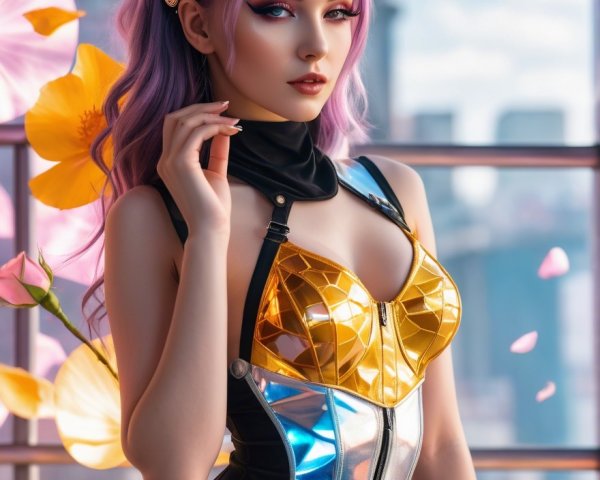 Stylish Woman in Metallic Bodysuit with Cityscape Background