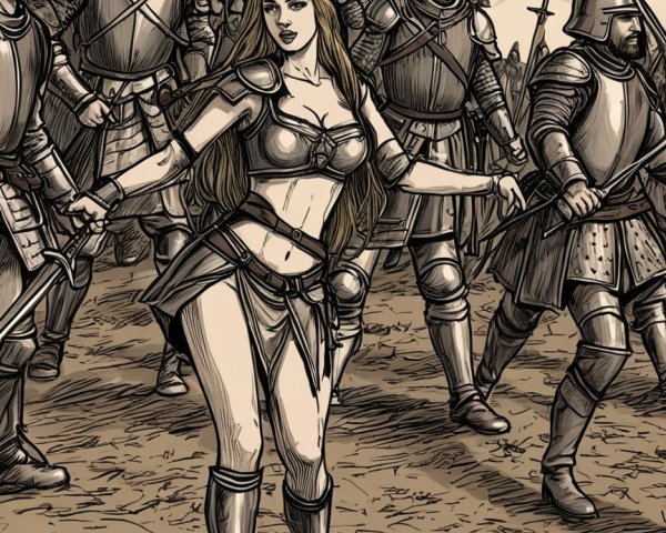 Warrior Woman Leads Armored Soldiers in Battle Scene