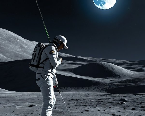 Astronaut on Moon Preparing to Swing Golf Club