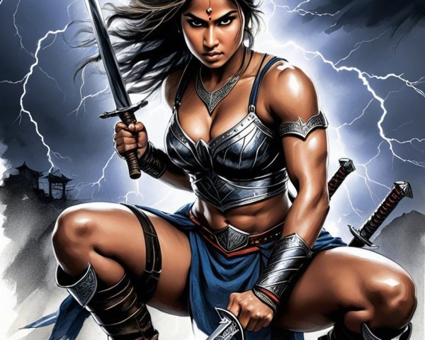 Fierce Warrior with Dual Swords in Dramatic Setting