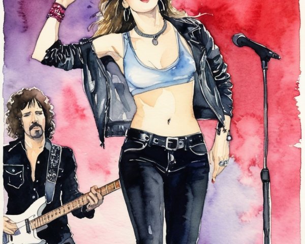 Vibrant Watercolor Concert Scene with Female Singer