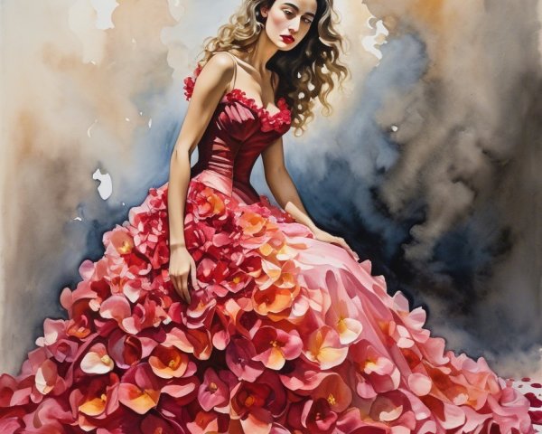 Woman in Petal Gown Surrounded by Flower Petals
