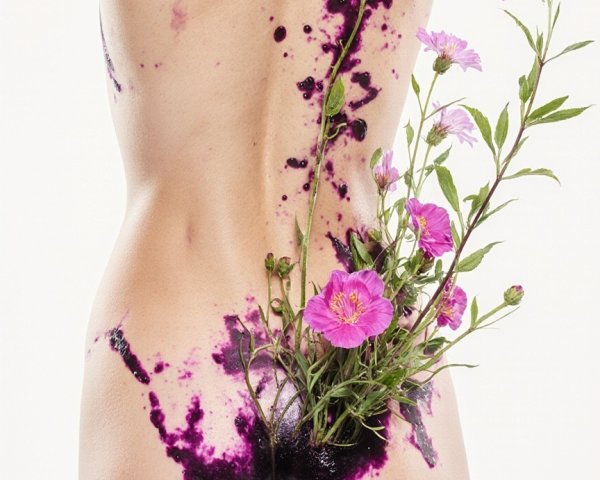 Nude Figure with Purple Splashes and Pink Flowers