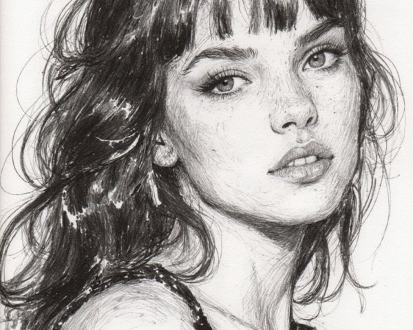 Pencil Sketch of a Young Woman with Wavy Hair