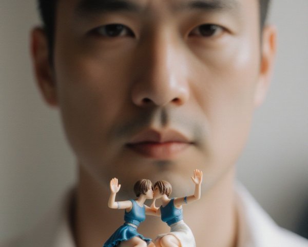 Man Observing Miniature Dancers in Soft Lighting