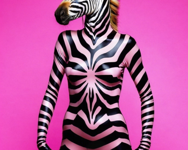 Zebra-Striped Bodysuit and Mask on Vibrant Pink Background