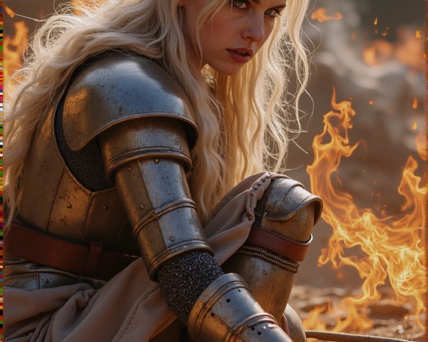 Warrior Woman in Silver Armor Amidst Flames