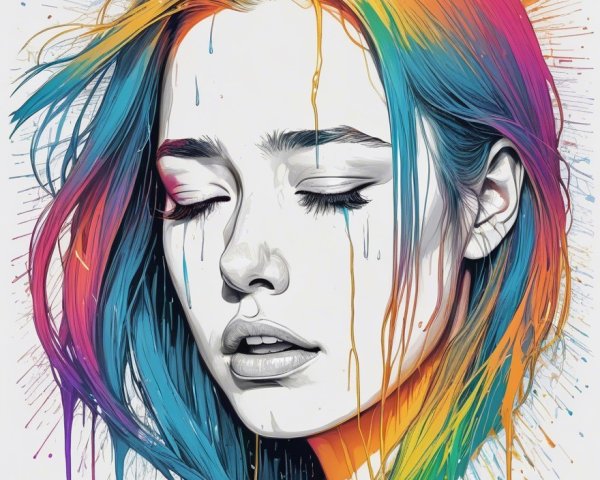 Stylized portrait of a serene young woman with vibrant hair