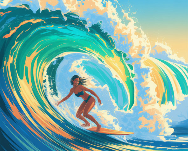 Surfer Riding a Wave in Vibrant Ocean Colors