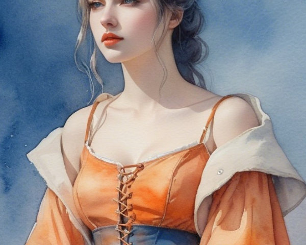 Young woman in orange dress with flowing hair in watercolors