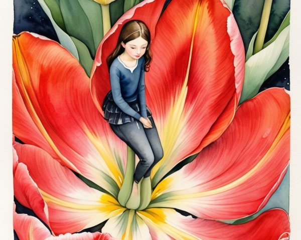Whimsical Illustration of Girl in a Red Tulip