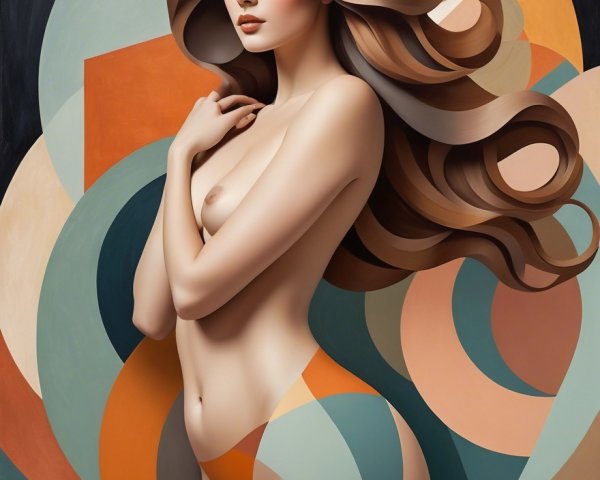 Nude Woman with Abstract Geometric Shapes in Warm Tones