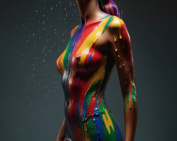 Model Under Cascading Water with Vibrant Body Paint