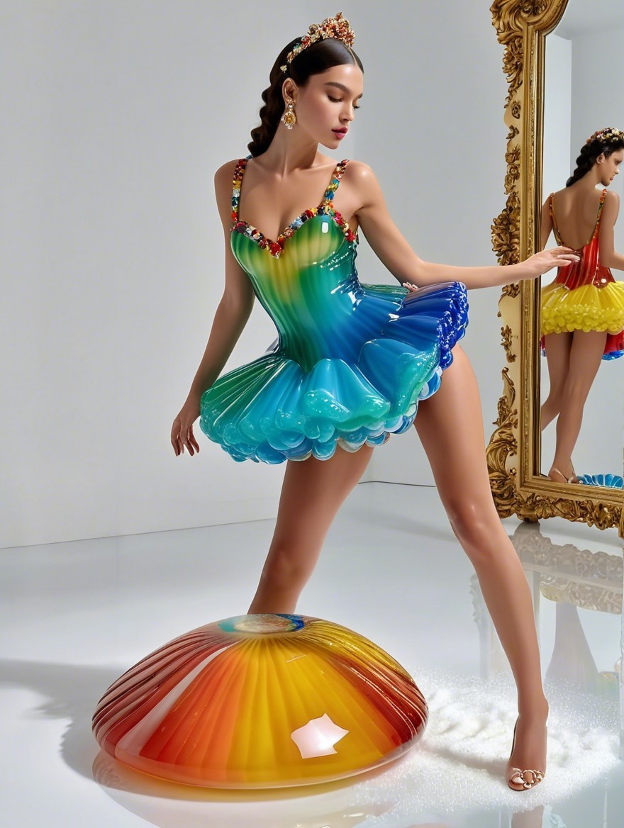 Elegant model in vibrant multicolored gelatin dress