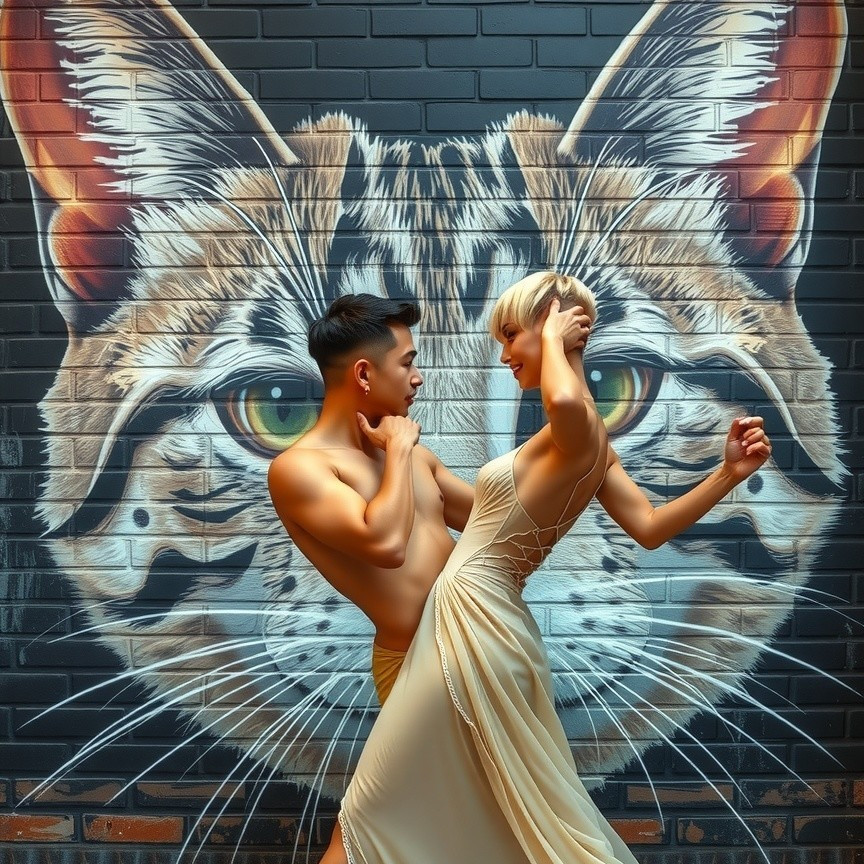 Couple Dancing in Front of Cat Mural Background