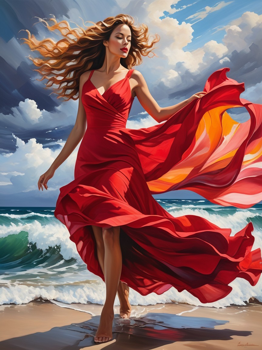 Woman in Red Dress on Sandy Beach with Stormy Sky